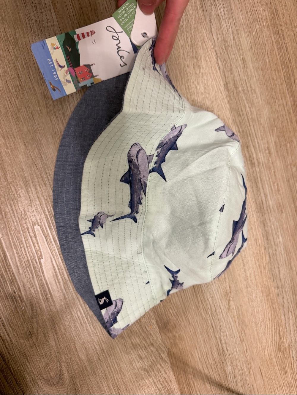 Joules Light Mint & Navy Shark Print Sun Hat